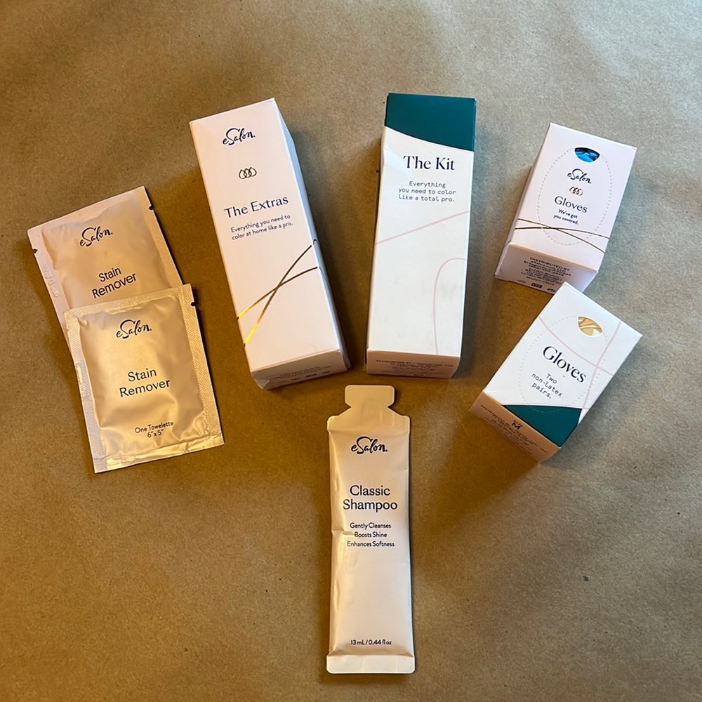 eSalon Extras - Gloves, shampoo, conditioner, stain guard, and stain remover.